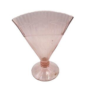 Vintage Pink Depression Glass Fan Vase With Etched Floral Design